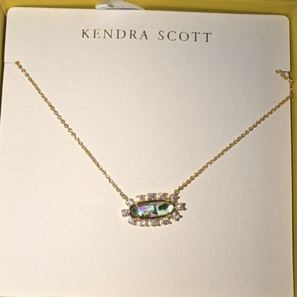 New In Box Kendra Scott Eva Framed Necklace Green Speckled